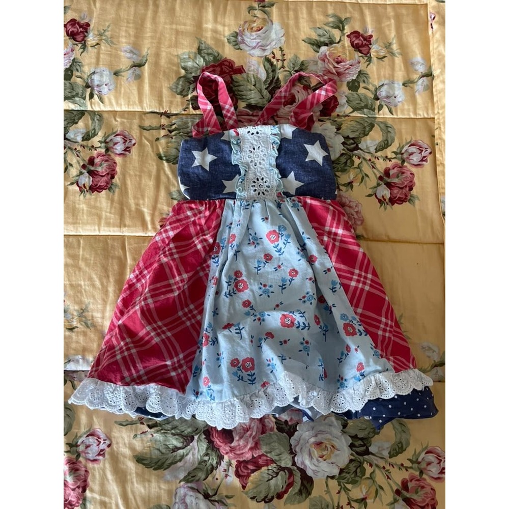 Cheeky Plum Girls 5T Americana Mixed Print Plaid Floral Star Eyelet Lace Dress